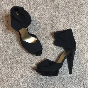 Bebe black ankle strap canvas platform heels